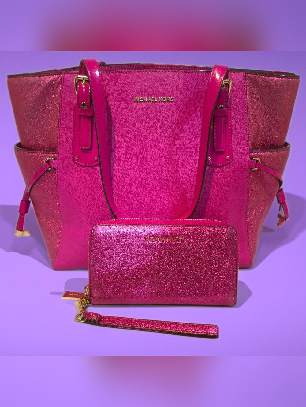 Michael Kors Hot Pink Metallic Jet Set Tote w/ Matching Accessories